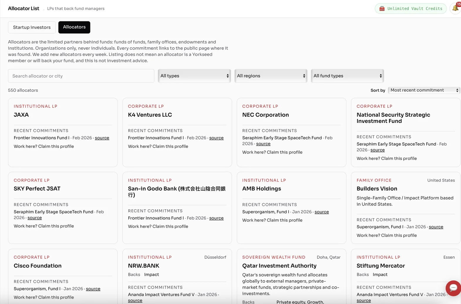 Yorkseed Allocator List in Yorkseed Connect, showing allocators with dated, sourced commitments