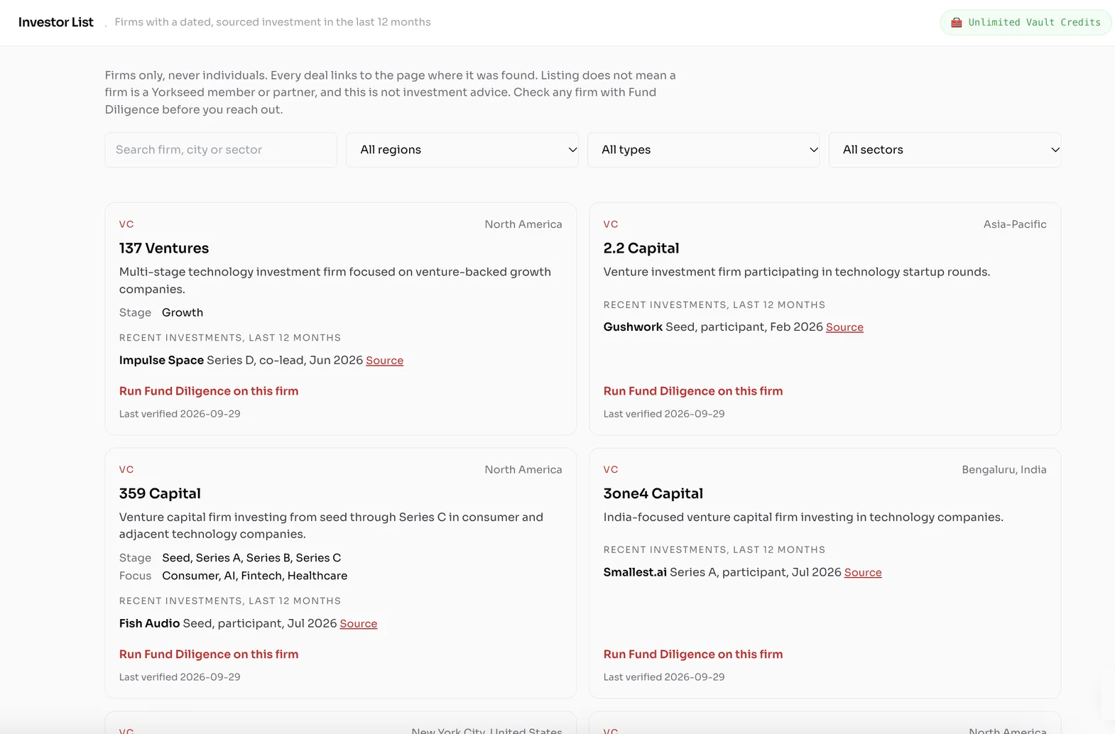Yorkseed Investor List in Yorkseed Connect, showing firms with dated, sourced deals