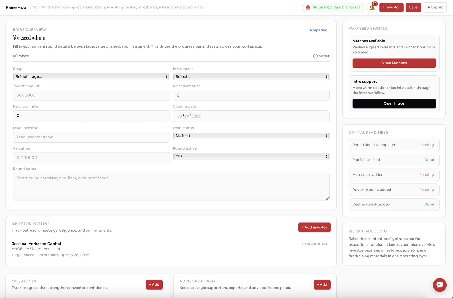 Raise Hub founder workspace