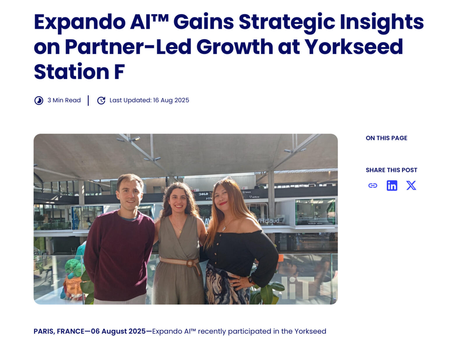 READ MORE - Expando AI™ Gains Strategic Insights on Partner-Led Growth at Yorkseed Station F (Paris, Aug 2025)