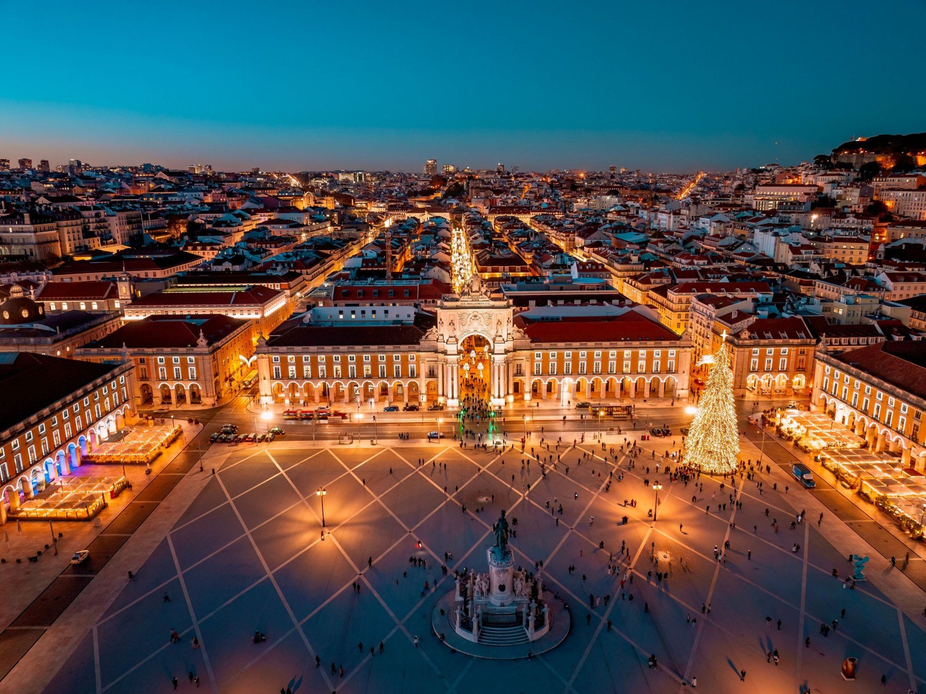 Praça do Comércio in Lisbon, lit up at dusk